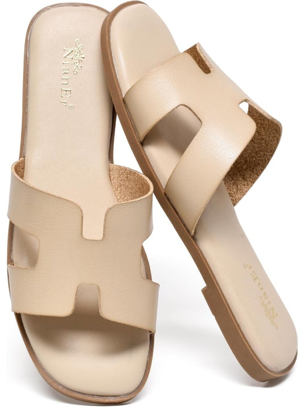 NianEr Women's Nude Leather Comfortable Casual Summer Flats Sandals Shoes